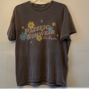 Pacific Sunwear Washed Brown  Tee with Yellow and Blue Floral Design